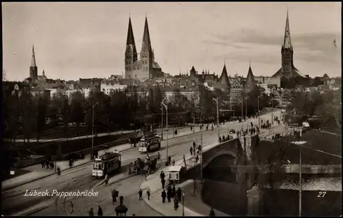 Ansichtskarte Lübeck Straßenpartie, Puppenbrücke Straßenbahn 1927