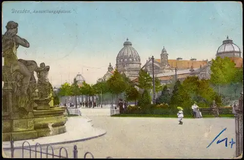 Dresden Ausstellungspalast, Straße - Statue 1915  gel. Feldpost
