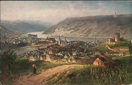 Bingen am Rhein Panorama-Künstlerkarte, Rhein-Nahe-Fluss-Mündung 1910