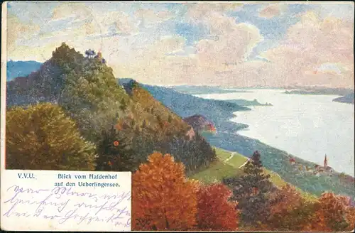 Künstlerkarte: Blick vom Haldenhof auf den Ueberlingersee 1910