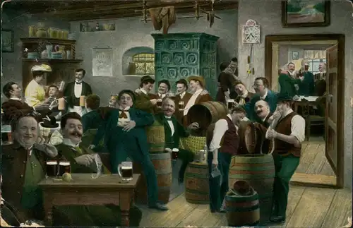 Ansichtskarte  Feldpostkarte 1. WK Gelage im Wirtshaus 1915  Feldpost Stempel