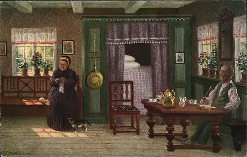 Künstlerkarte W. Henriksen pinx: Bei den Alten (Dänische Kunst) 1910