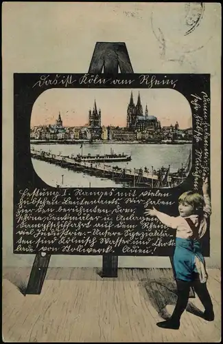 Ansichtskarte Köln Totale, Kind vor Tafel - Künstlerkarte 1911