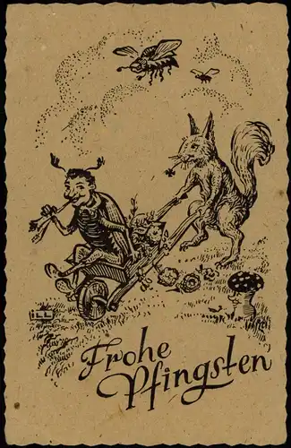 Glückwunsch: Pfingsten - Künstlerkarte Käfer und Eichhörnchen 1947