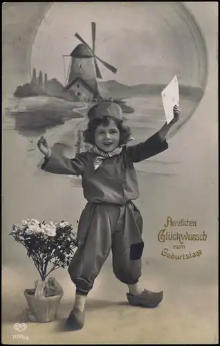 Glückwunsch Geburtstag Birthday Junge als Holländer Windmühle 1917