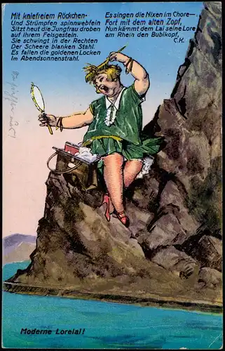 St. Goarshausen Scherzkarte Loreleyfelsen Rhein Moderne Loreley 1932