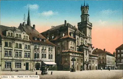 Ansichtskarte Löbau Markt, Hotel und Rathaus 1915  gel. Feldpost WK1