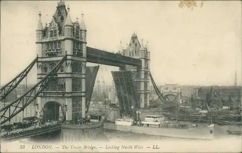 Postcard London Tower Bridge Ship passing 1910