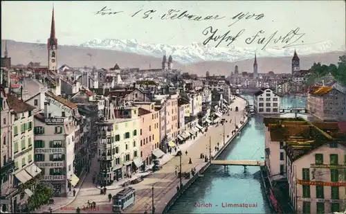 Ansichtskarte Zürich Panorama-Ansicht mit Limmatquai 1906