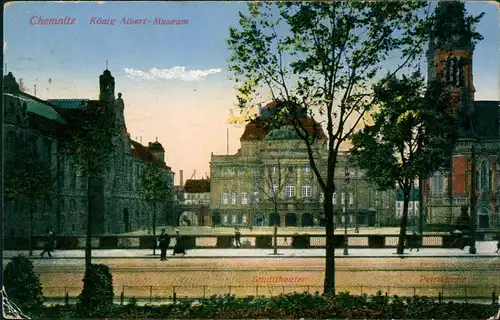 Ansichtskarte Chemnitz König-Albert-Museum, Stadt-Theater, Petri-Kirche 1918