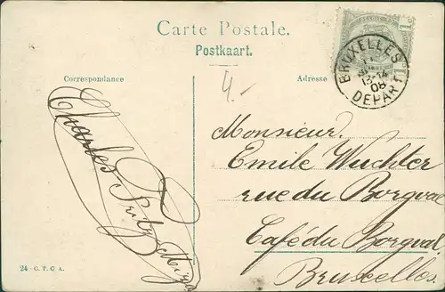 Brüssel Bruxelles Manneken Pis, coloriert 1908   mit Stempel Bruxelles DEPART