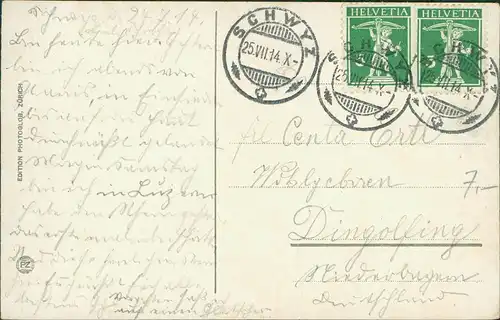 Ansichtskarte Einsiedeln Panorama Alpen 1914 Stempel SCHWYZ (nach Dingolfing)