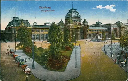 Ansichtskarte Nürnberg Hauptbahnhof Vorplatz mit Autos 1920