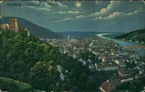 Heidelberg Panorama-Ansicht Schloss v. d. Terrasse bei Mondschein 1910