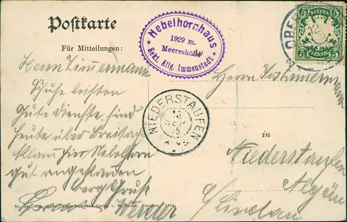 Bayern Allgäuer Alpen, Seealpsee 1905   gel  NIEDERSTAUFEN (Ankunftsstempel)