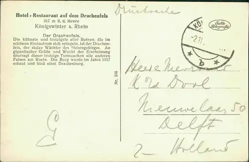Ansichtskarte Königswinter Rolandsbogen und Drachenfels am Rhein 1930