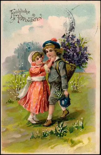 Pfingsten Junge, Mädchen  Wiese 1906 Prägekarte Bahnpoststempel Geising Mügeln