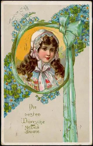 Neujahr Sylvester New Year Mädchen Feilchen und Kleeblätter 1911 Prägekarte