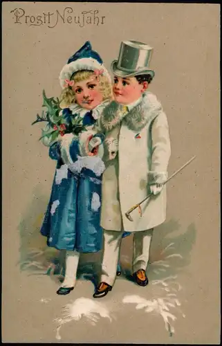 Neujahr Sylvester New Year Jung Alt Kinder feine Herrschaften 1912 Prägekarte