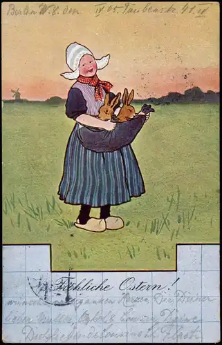 Glückwunsch Ostern / Easter Künstlerkarte Holländerin Osterhasen 1905