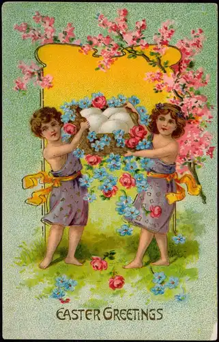 Glückwunsch Ostern / Easter USA Kinder mit Osterkorb 1908 Goldrand/Prägekarte