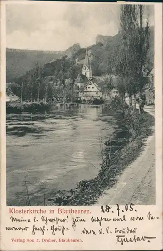 Ansichtskarte Blaubeuren Flußpartie und Klosterkirche 1905