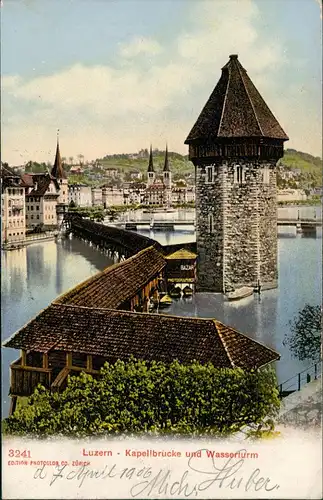 Ansichtskarte Luzern Lucerna Kapellbrücke und Wasserturm 1906