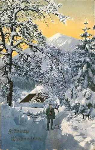 Weihnachten - Christmas Jäger mit Schlitten im Dorf Photochromie 1906