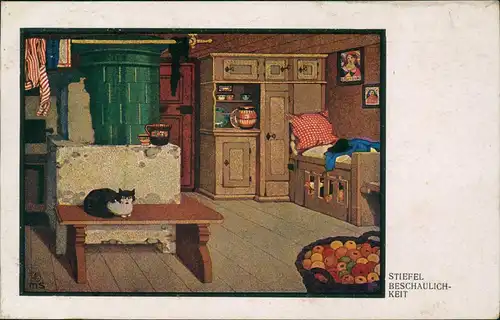 Ansichtskarte  Künstlerkarte STIEFEL "Beschaulichkeit" 1918   1. Weltkrieg Feldpost gelaufen (mit Blindstempel)