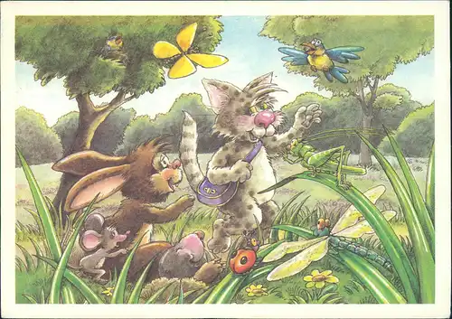 DDR Künstlerkarte Tiere (Maus, Hase, Katze, Vogel, Schmetterling) 1980