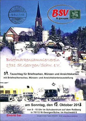 St. Georgen (Schwarzwald)  Sonderkarte BSV, Briefmarkentauschtag 2017