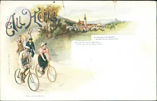 Heiligenkreuz (Niederösterreich) Fahrradfahrer - All Heil - Stadt, Litho AK 1912