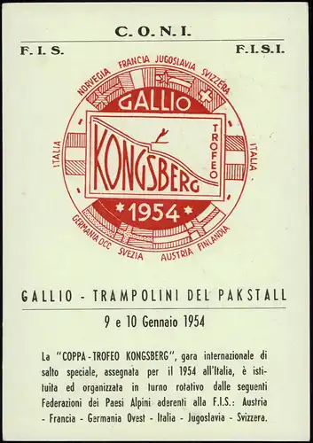 .Italien Italia F. I. S. Skisprung Gallio Kongsberg  1954 Sonderstempel