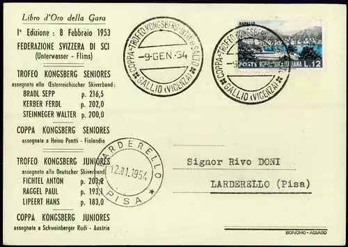 .Italien Italia F. I. S. Skisprung Gallio Kongsberg  1954 Sonderstempel