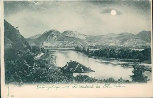 Königswinter Siebengebirge und Rolandseck im Mondschein, Rhein Partie 1900 Luna