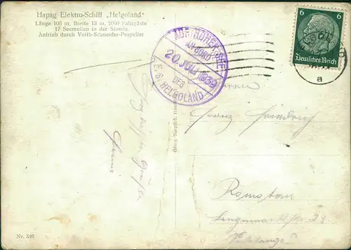 Hapag Elektro-Schiff „Helgoland" Fahrgastschiffe/Personenschiffahrt   1939  gel. Bordstempel