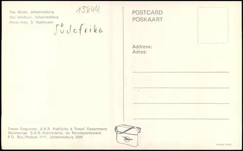 Postcard Johannesburg The Wilds. 1978