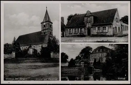 Ansichtskarte Grabow (bei Burg) Gasthof, Kirche, Schloß 1930