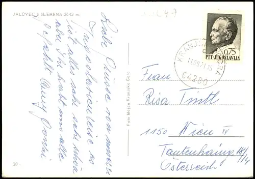 Postcard Mojstrana Sleme/Jalovec s Slemena 2643m 1971