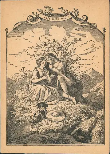 Künstlerkarte Künstler LUDWIG RICHTER: Er liebt mich (Romantik, Paar) 1940