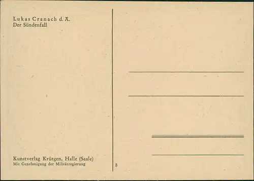 Künstlerkarte Gemälde Kunstwerk: Lukas Cranach d. A. Der Sündenfall 1930