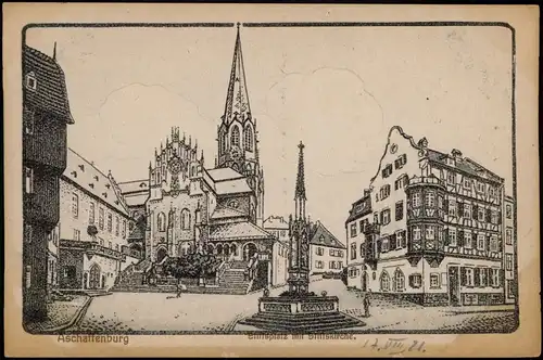 Ansichtskarte Aschaffenburg Stiftsplatz mit Stiftskirche (Künstlerkarte) 1921