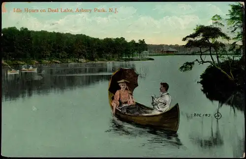 Postcard Asbury Park Idle Hours on Deal Lake, Paar im Ruderboot 1908