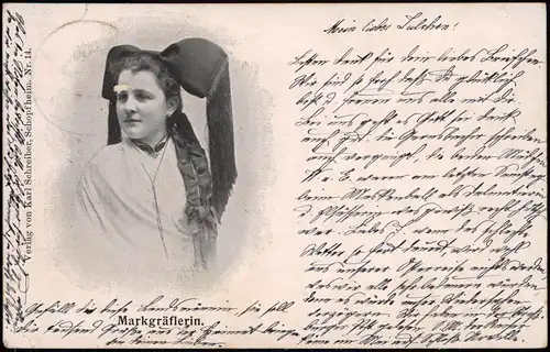 Schopfheim Trachten Frau "Markgräflerin" 1908   gelaufen mit Stempel LANGENAU