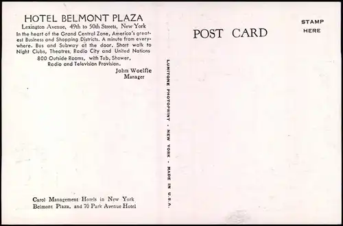 New York City HOTEL BELMONT PLAZA Lexington Avenue, 49th to 50th Streets 1920