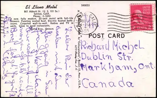Postcard Salinas El Llano Motel, Abbott St. (U. S. 101 So.) 1955