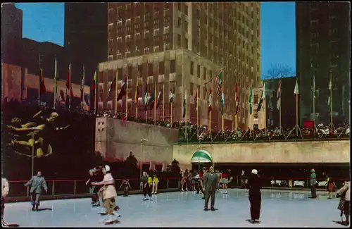 Postcard New York City Rockefeller Plaza Outdoor Ice Skating Pond 1960