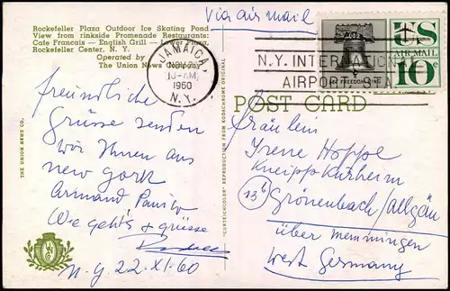 Postcard New York City Rockefeller Plaza Outdoor Ice Skating Pond 1960