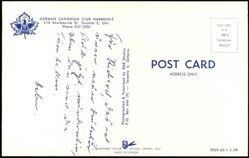 Postcard Toronto GERMAN CANADIAN CLUB HARMONIE 410 Sherbourne 1960
