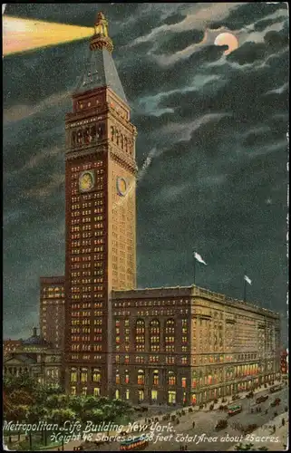 Postcard New York City Metropolitan Life Building Night 1909 gel Flaggenstempel